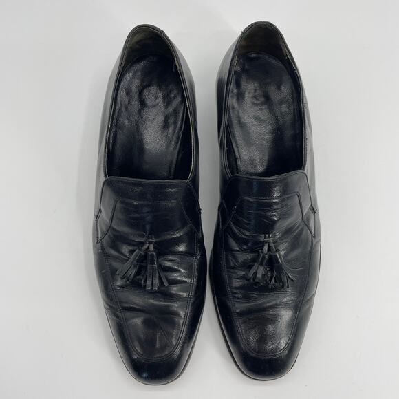 FLORSHEIM Mens Dress Shoes Size 9.5  Black Leather Slip On Loafer Tassel [FLAW] - Picture 1 of 10